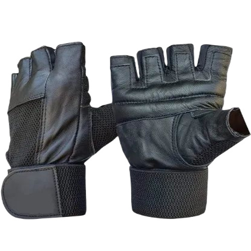 Leather Gym Gloves - Half Fingered, Free Size | Breathable, Soft, Durable, Plain Black Design