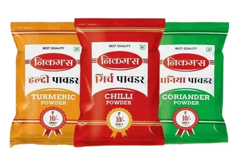 Spices Packaging Pouch - PET (Polyester) Material, Glossy Finish, Multi Layer Lamination, Multi Color Print, Center Sealed Design | Heat Sealed Closure