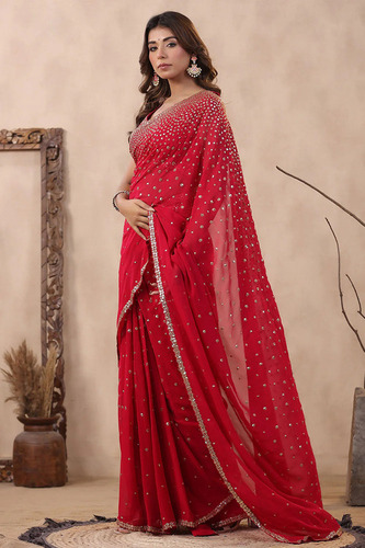 Embroidered Georgette Saree - Color: Peach