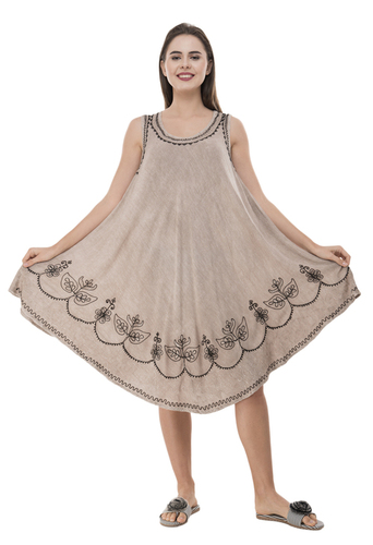 Umbrella Dress - Rayon Crepe, Free Size, 42 Inch Length | Sleeveless Tie-Dye Design, Embroidered Details, Flowy Silhouette