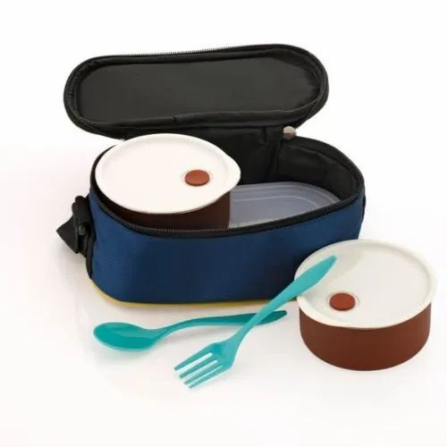 3 Piece Stainless Steel School Lunch Box - Stainless Steel & Plastic, Round, Brown & White & Green & Cream | Microwavable, Airtight, Includes Spoon & Fork
