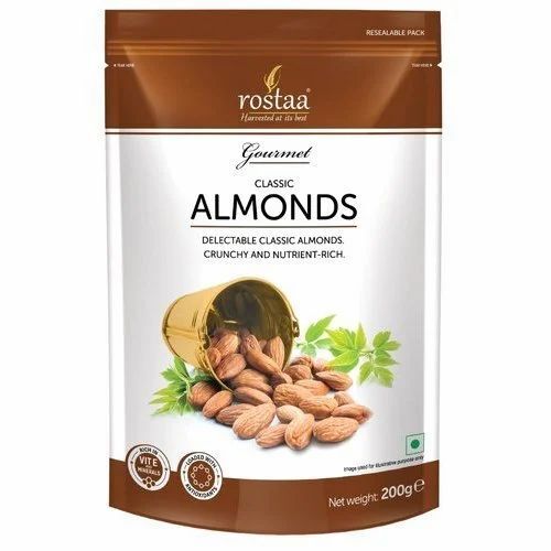 Almond Packaging Pouch - PET Material, 8x12 Inches, Multi Color, Stand Up Pouch, Glossy Finish, Printed with Rotogravure Technique, Heat Sealed Closure