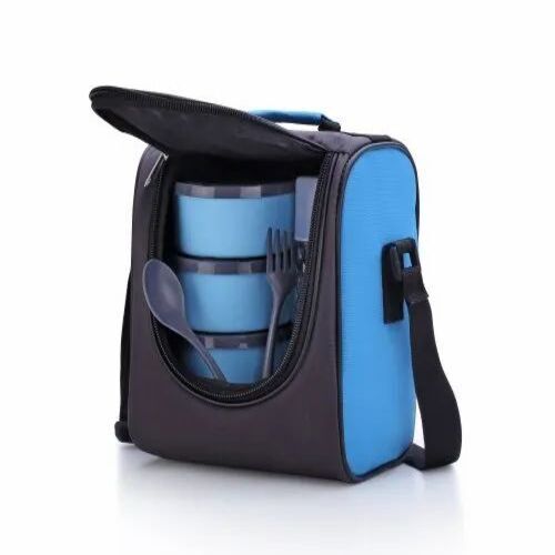 Colored Stainless Steel Lunch Box - SS 202 & Plastic, 200 ml Capacity | Microwavable, Office Use, 3 Containers in Sky Blue and Black