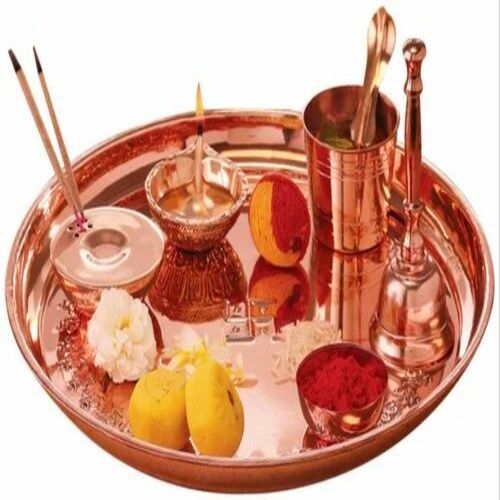 Copper Pooja Thali - Copper Material, Round Design, Customized Size, Golden Color | Ideal for Rituals and Celebrations