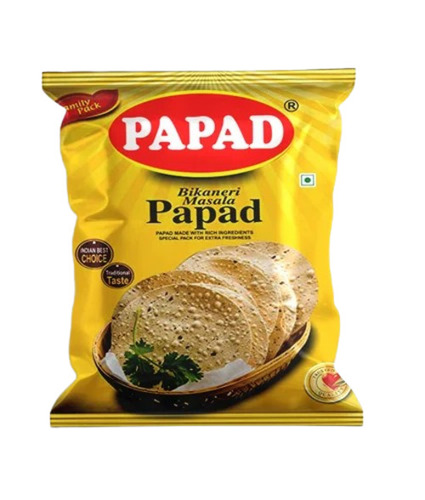 Papad Packaging Pouch - Pillow Pouch, Multi Color, PP Material, Printed with Rotogravure Technique, Glossy Finish, Double Layer Lamination, Heat Sealed Closure
