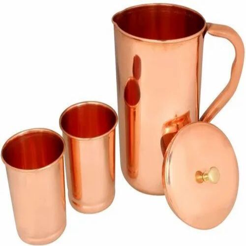 Plain Copper Jug Set - Metal, 2 Ltrs Capacity, Brown Color, Round Shape | Multicolor Features, Customized Size Options