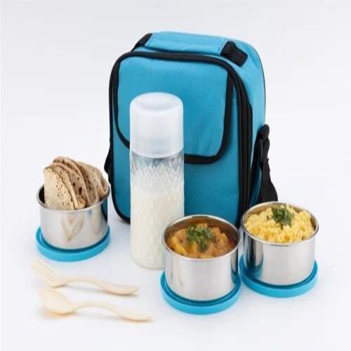 Stainless Steel Insulated Lunch Box - 2 Compartment, 300 ml Capacity, Round Shape, Sky Blue and Blue | Suitable for School, Multicolor Options Available