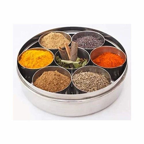 Stainless Steel Plain Spice Box - 1 Litre Capacity, 7 Round Containers, Silver Color, Airtight Design | Durable Stainless Steel Material, No See Through Lid