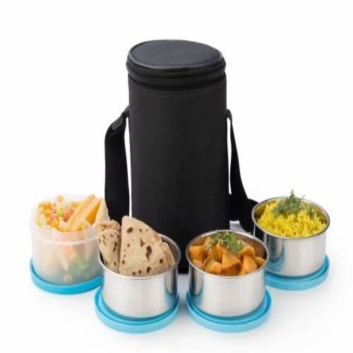 Stainless Steel Round Tiffin Box - 400 mL Capacity, 4 Compartments, 2 Containers | Microwave Safe, Silver Color for Home & Office Use