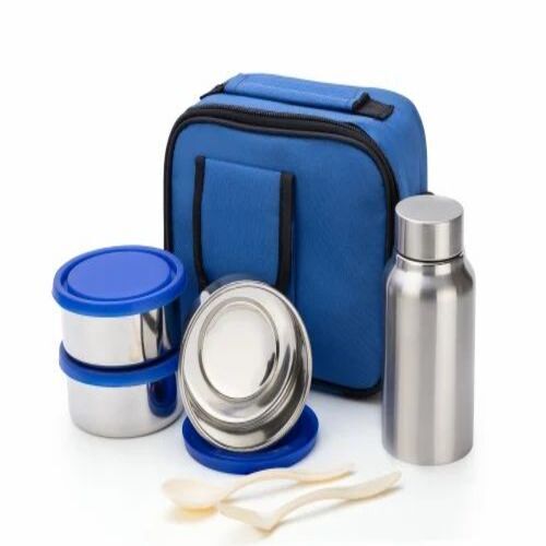 Steel Lunch Box With Steel Bottle - Stainless Steel, 500 mL Capacity, Round Shape, Blue Color, 4 Compartments, 2 Containers | Insulated, Customizable Metal Features