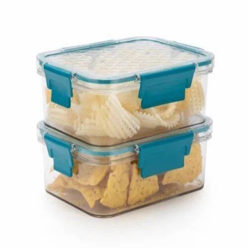 Transparent Plastic 4 Lock Food Container - Rectangular, Eco-Friendly White Plastic, Plain & Printed Patterns | Versatile Food Storage Solution