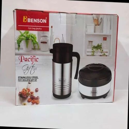 Stainless Steel Water Jug Gift Set - Round Design, Silver Color, Insulated and Dishwasher Safe, Set of 2 Pieces