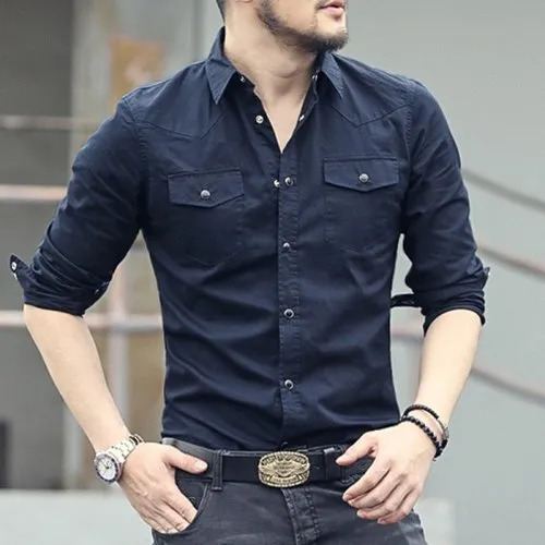 Men Denim Shirt - Collar Style: Straight