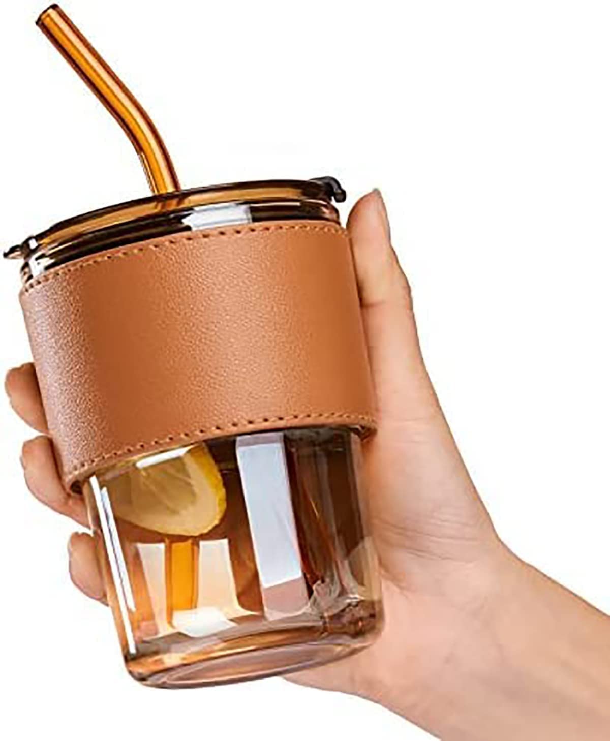 Leather Sleeve Glass Coffee Mug With Straw - Color: Multicolor