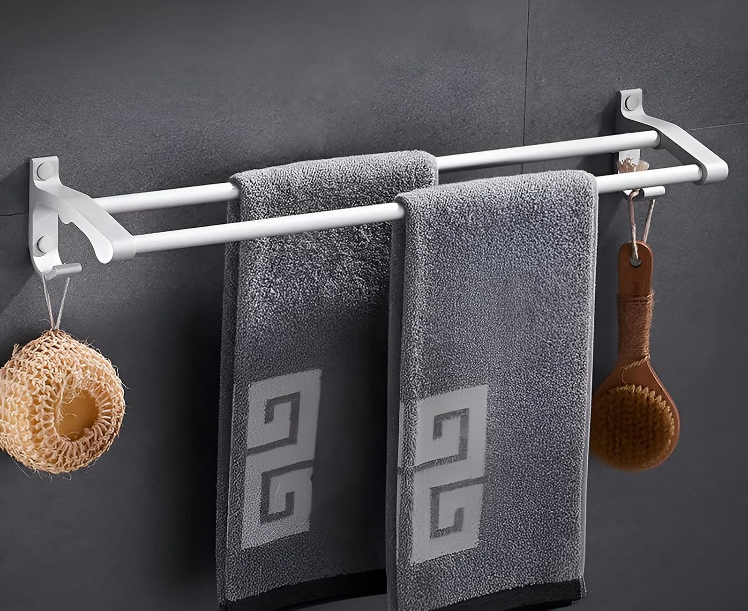 Silver Towel Holder with Hooks