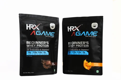 Whey Protein Packaging Pouch - LDPE Standup Pouch, 100 Micron Thickness, Glossy Finish, Digital Print, Heat Sealed Closure