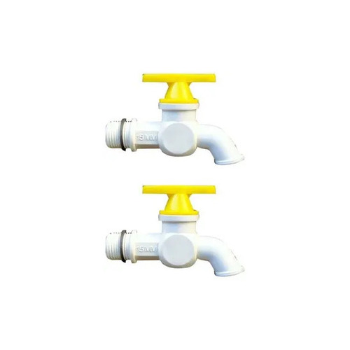 15mm PVC Water Tap - Plastic Material, Glossy Finish, Round Shape, Yellow and White Color | Wall Mounted Design, Water Media Handle Type