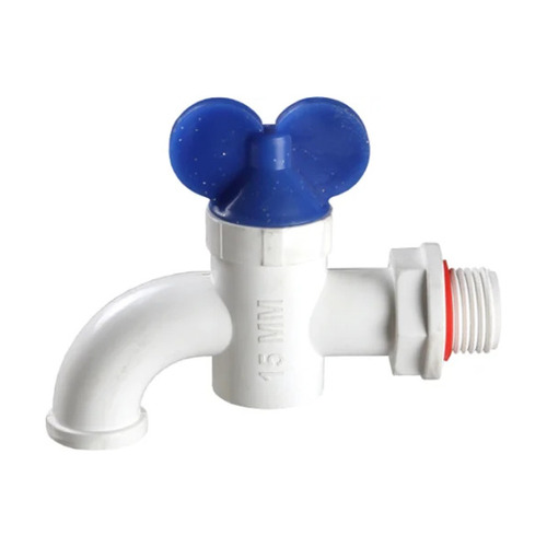 Plastic Pan Bib Cock - PVC Material, Round Shape, Glossy Finish | Wall Mounted Design, Modern Style, White and Blue Color