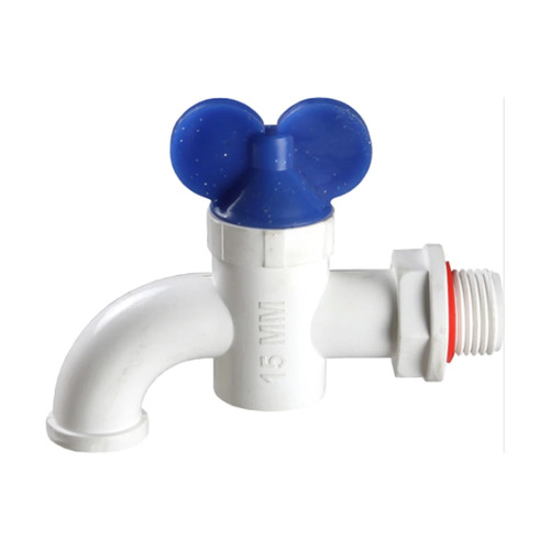 Plastic Pan Cock - Plastic, Glossy Finish, Round Shape | White and Blue Color, Modern Wall Mounted Handle Design
