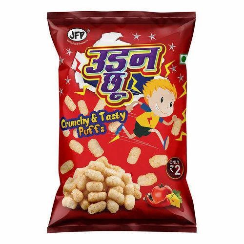 Puffs Snacks Packaging Pouch - Printed Plastic Material | Multi Color Design for Enhanced Visibility