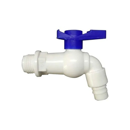 White PVC Water Tap - PVC Material, Round Shape, Glossy Finish, Blue & White Color | Wall Mounted Design, Ideal for Bathroom Fittings