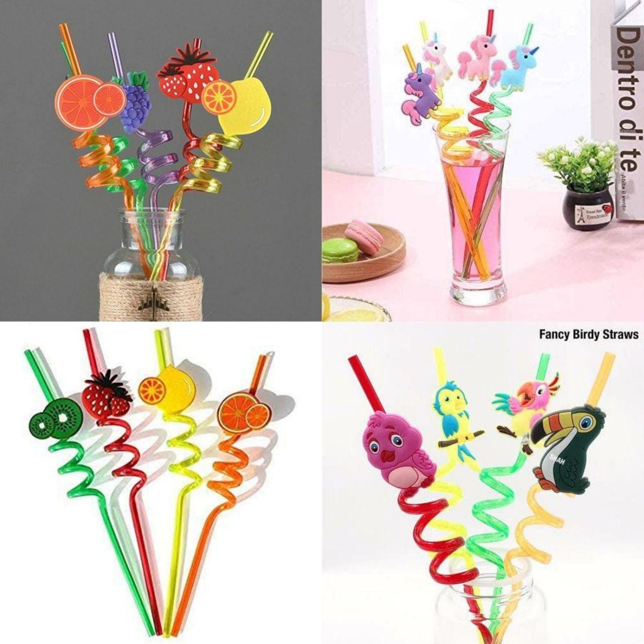 4 Pcs Cartoon Spiral Drinking Straw - Color: Multicolor