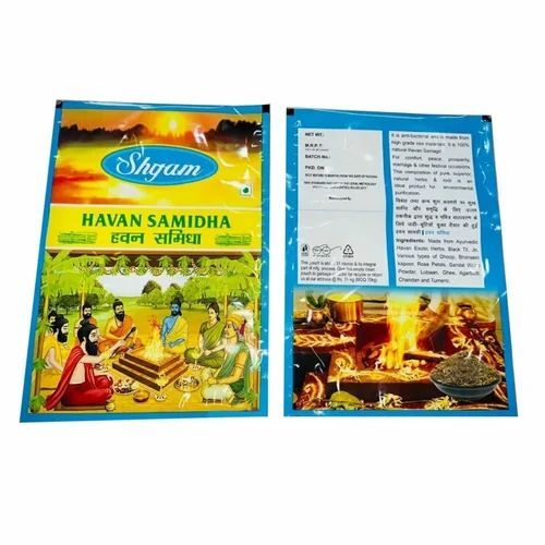 Havan Samidha Packaging Pouch - PET Material, 12 X 18 Inch Size, Multi Color, Flat Pouch, Flexographic Printed, Heat Sealed, 20 Micron Thickness