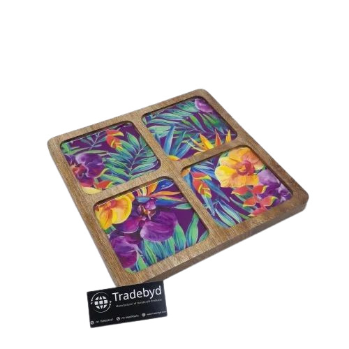 Wooden Printed Serving Platter - Standard Size, Brown Polished Finish, Square Shape | Traditional Design for Home and Restaurant Use