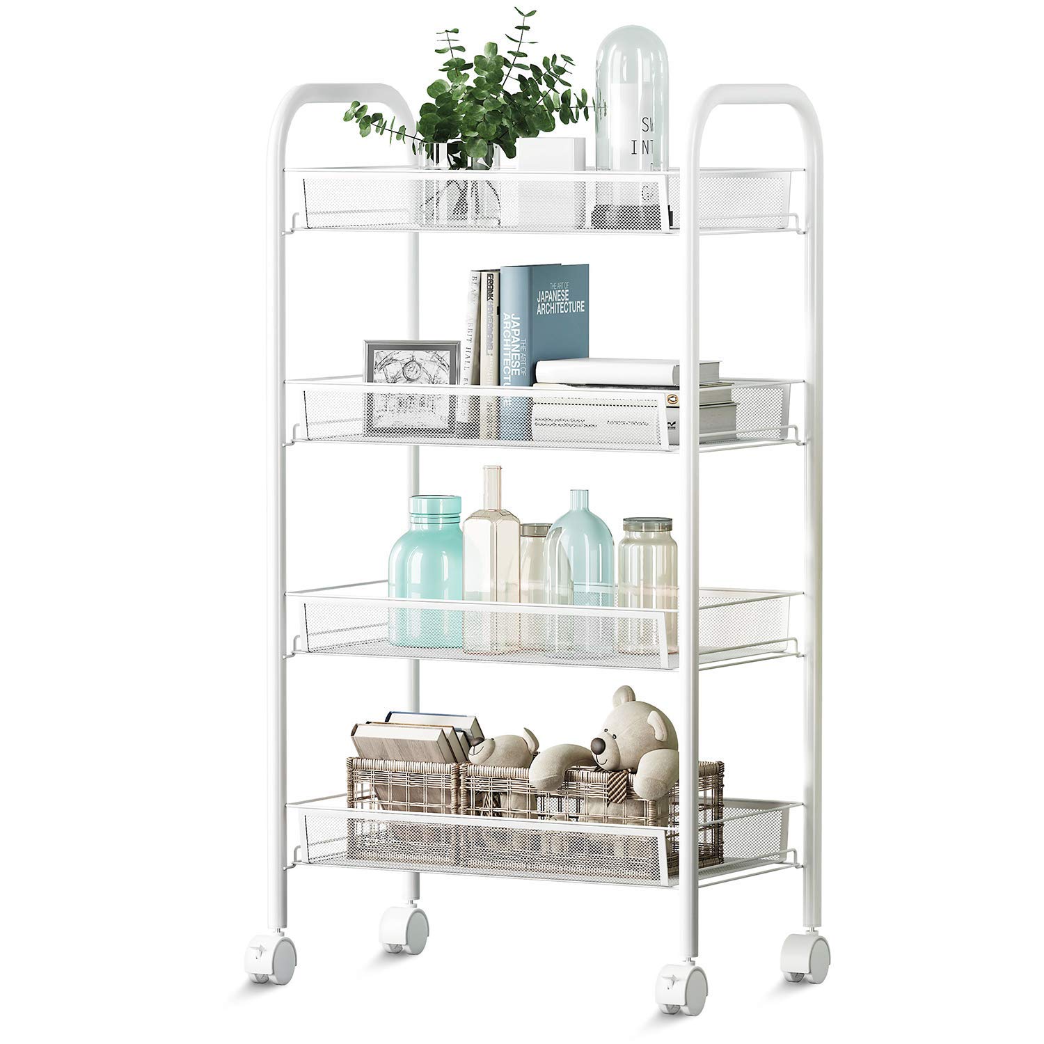 4 Tire Kitchen Accessories Storage Organizer Trolley Racks And Shelf With Lockable Wheels - White