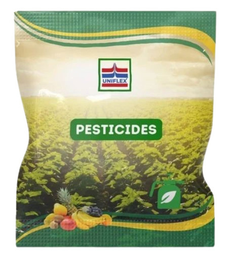 Pesticides Packaging Pouch - PET Material, Center Sealed Design, Multi-Color Printed, Glossy Finish with Multi-Layer Lamination , Heat Sealed Closure