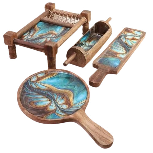 Wooden Khat Serving Tray Set