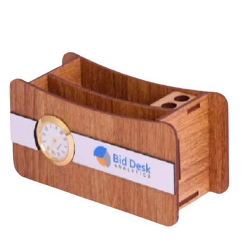 Wooden Clock Pen Stand - Wood, 12x4x4 inches | Polished Finish, Ideal for Office Organization, Elegant Design