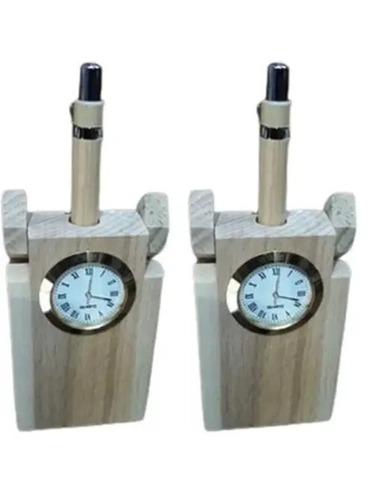 Wooden Table Clock Pen Stand