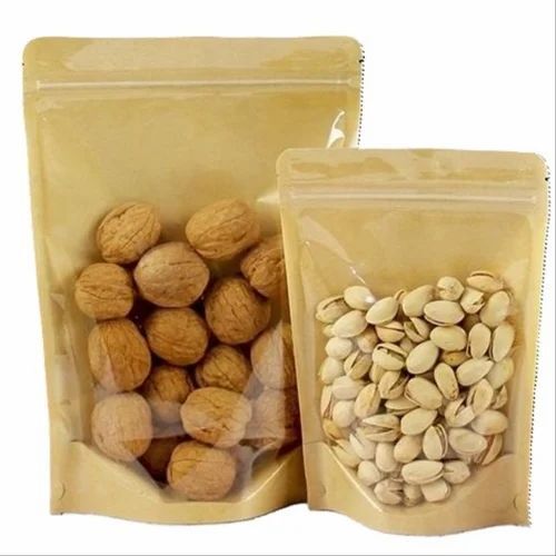 Dry Fruits Packaging Pouches - Kraft Paper, Stand Up Pouch, Matte Brown Finish, Multi Layer Lamination, Zipper Closure, Plain Pattern