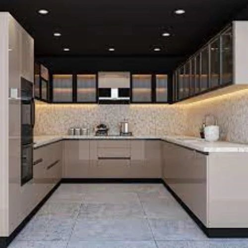Modular Kitchen Cabinet - Polished Brown Maple Finish , Folding Door with High Basket and Aluminum Frame