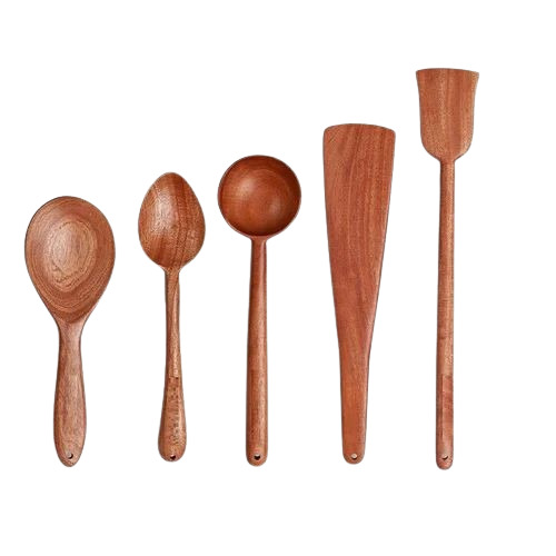 Kitchen Wooden Spoon Set - Wooden 12 Inch Brown Polished Finish | Designer Round Shape Weight: 500 Grams Box Packaging