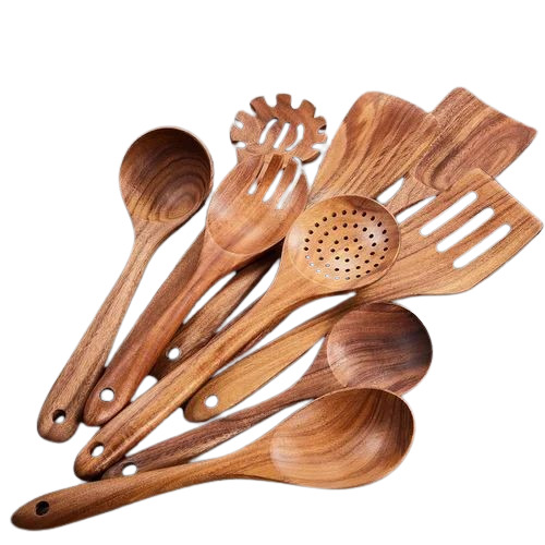 Wooden Spoon Set - 12 Inch Designer Shape, Brown Polished Finish, Ideal for Kitchen Use