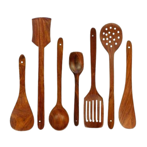 Wooden Cooking Spoon Set - Polished Finish, 12 Inch Designer Round Shape | Brown Wood, Box Packaging, 800 Grams Weight