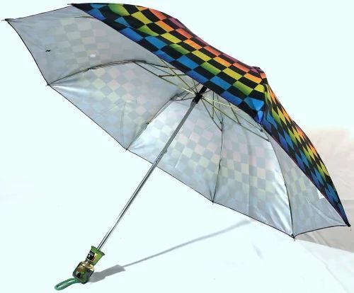 Two Fold Print Silver Umbrella - Polyester Material, 21x8 Inches | Manual Operation, UV Protection, Foldable Design, Plastic Handle, Metal Shaft