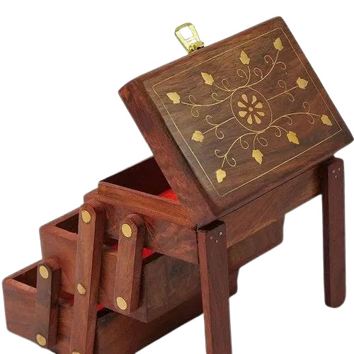 Printed Wooden Jewellery Box - Wooden 12.7 x 8.9 x 12.7 cm Brown | Handmade Portable Handle Rectangular Shape 500g Weight