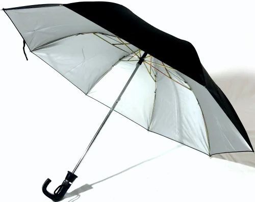 Manual Two-Fold Polyester Umbrella - 21x8 Inches, Black & Silver Color | UV Protection, Plastic Handle, For Rain & Sun