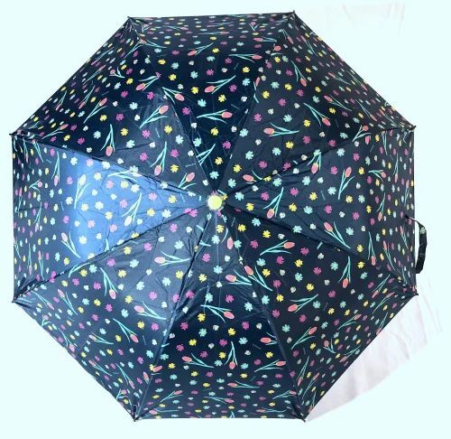 Polyester Two Fold Manual Print Silver Umbrella - 21x8 Inches, Good Quality, UV Protection, Foldable with Durable Plastic Handle, Metal Shaft