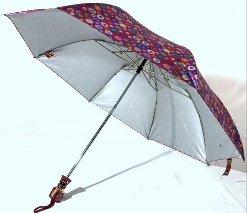 21x8 Two Fold Pink Color Manual Print Silver Umbrella - Polyester, Metal Shaft, Plastic Handle | UV Protection, Foldable Design for Rain and Sun