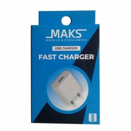 Mobile Charger Packaging Box - Unbleached Kraft Paperboard 6x3x4 Inches Blue Hot Foiling with Gloss Varnish | Rectangular Shape 500 gm Weight Capacity