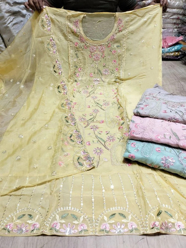 Salwar Kameez - Cotton Blend, Medium Size, Yellow Color - Semi Stitched, A-Line Style, Full Sleeves, Embroidered Design, Breathable Fabric, Suitable for Weddings
