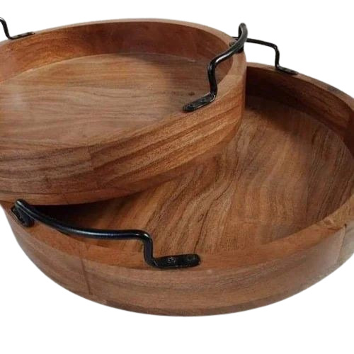 Wooden Round Serving Tray - 12x12 Inches | Brown Matte Finish, Plain Design for Restaurant and Home Use