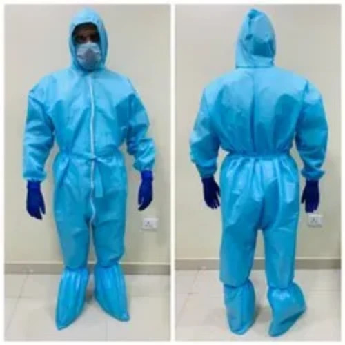 PPE Kit - Polypropylene, Universal Size, Sky Blue Color | Disposable, Waterproof, Unisex, Complete with Hood, Goggles, 3 Ply Face Mask, Nitrile Gloves, Calf Shoe Cover, Biohazard Bag
