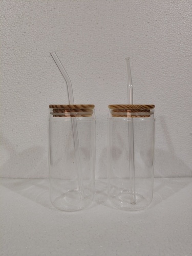 Borosilicate Glass Can with Wooden Lid and Glass Straw