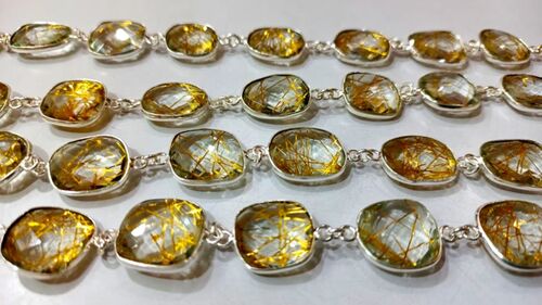 12 to 15mm Yellow Rutilated Quartz Briolette Free Shape Bezel Connector Chain