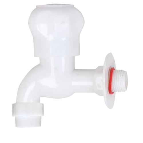 White PVC Foam Flow Bib Cock - Plastic Material, Round Shape, Glossy Finish, Color Combination: White & Pink | Wall Mounted Design for Sleek Bathroom Fitting